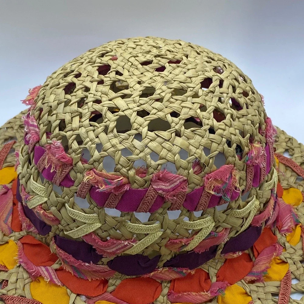 Vintage Boho Retro Multicolor Straw Bucket Hat Woven Made in Italy Shabby Chic